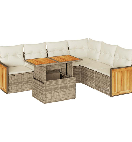 7-tlg. Garten-Sofagarnitur mit Kissen Beige Poly Rattan Akazie