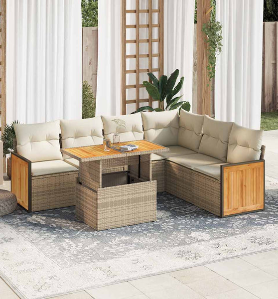 7-tlg. Garten-Sofagarnitur mit Kissen Beige Poly Rattan Akazie