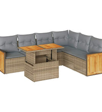 7-tlg. Garten-Sofagarnitur mit Kissen Beige Poly Rattan Akazie
