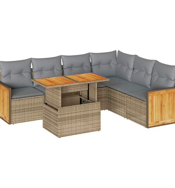 7-tlg. Garten-Sofagarnitur mit Kissen Beige Poly Rattan Akazie