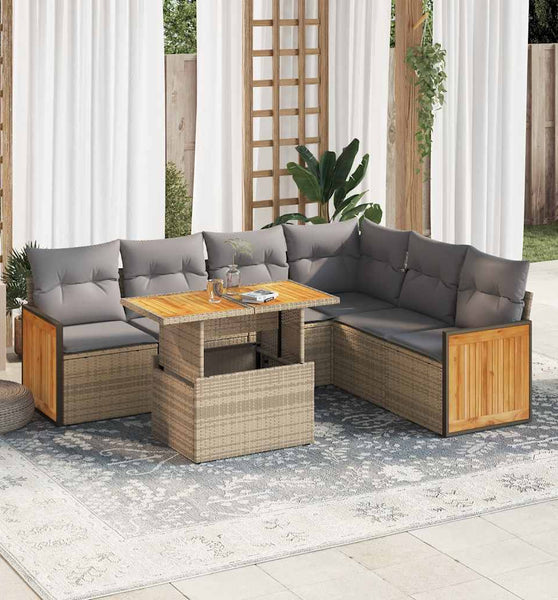 7-tlg. Garten-Sofagarnitur mit Kissen Beige Poly Rattan Akazie