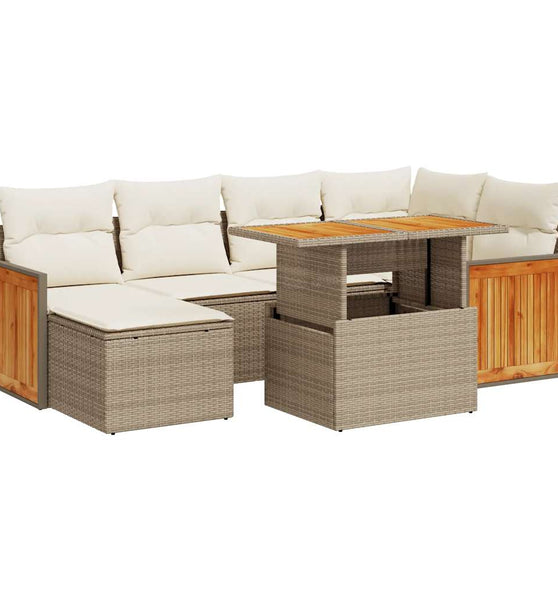 7-tlg. Garten-Sofagarnitur mit Kissen Beige Poly Rattan Akazie