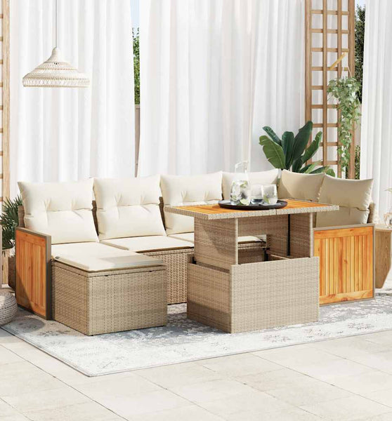 7-tlg. Garten-Sofagarnitur mit Kissen Beige Poly Rattan Akazie