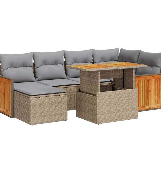 7-tlg. Garten-Sofagarnitur mit Kissen Beige Poly Rattan Akazie