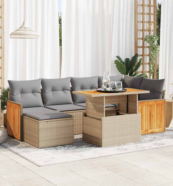 7-tlg. Garten-Sofagarnitur mit Kissen Beige Poly Rattan Akazie