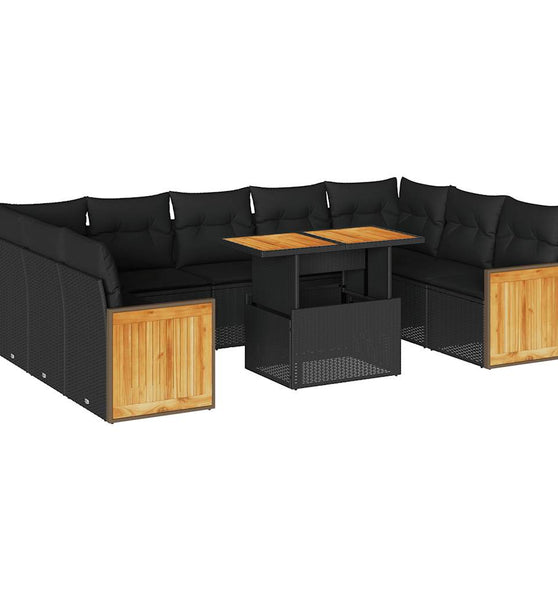 10-tlg. Garten-Sofagarnitur mit Kissen Schwarz Poly Rattan