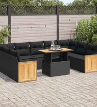 10-tlg. Garten-Sofagarnitur mit Kissen Schwarz Poly Rattan