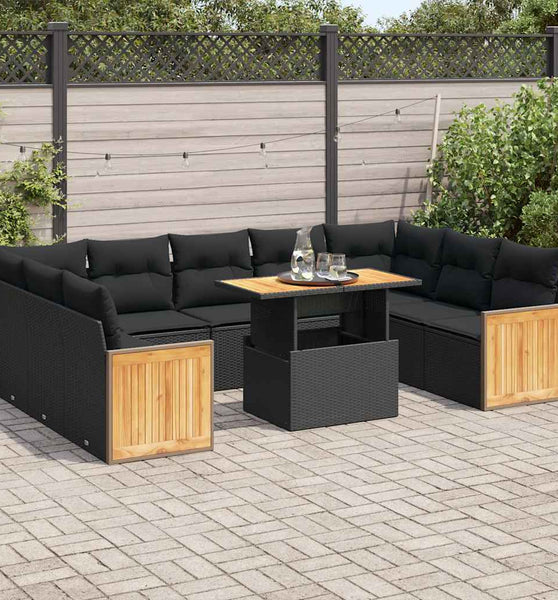 10-tlg. Garten-Sofagarnitur mit Kissen Schwarz Poly Rattan