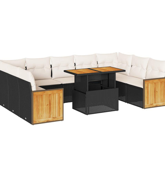 10-tlg. Garten-Sofagarnitur mit Kissen Schwarz Poly Rattan