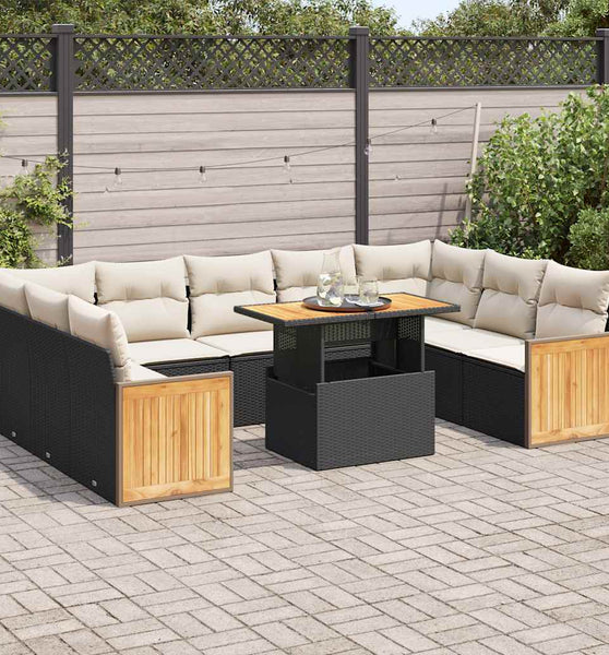 10-tlg. Garten-Sofagarnitur mit Kissen Schwarz Poly Rattan