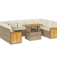 10-tlg. Garten-Sofagarnitur mit Kissen Beige Poly Rattan Akazie