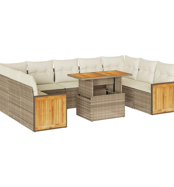 10-tlg. Garten-Sofagarnitur mit Kissen Beige Poly Rattan Akazie