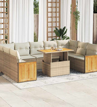 10-tlg. Garten-Sofagarnitur mit Kissen Beige Poly Rattan Akazie