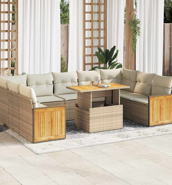 10-tlg. Garten-Sofagarnitur mit Kissen Beige Poly Rattan Akazie