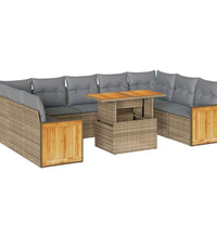 10-tlg. Garten-Sofagarnitur mit Kissen Beige Poly Rattan Akazie