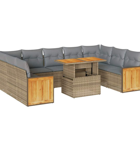 10-tlg. Garten-Sofagarnitur mit Kissen Beige Poly Rattan Akazie