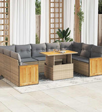 10-tlg. Garten-Sofagarnitur mit Kissen Beige Poly Rattan Akazie