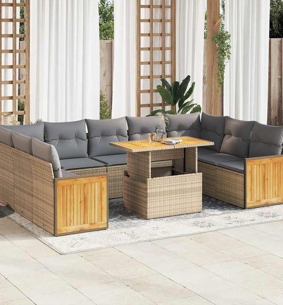 10-tlg. Garten-Sofagarnitur mit Kissen Beige Poly Rattan Akazie