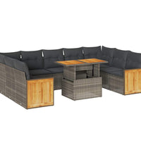 10-tlg. Garten-Sofagarnitur mit Kissen Grau Poly Rattan Akazie