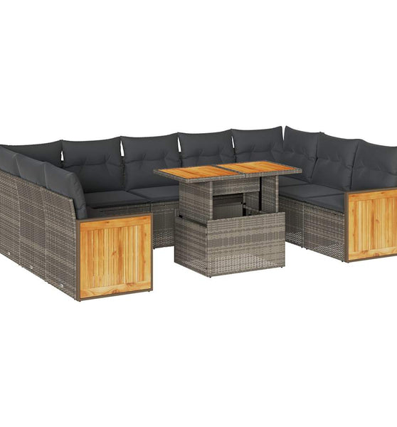 10-tlg. Garten-Sofagarnitur mit Kissen Grau Poly Rattan Akazie