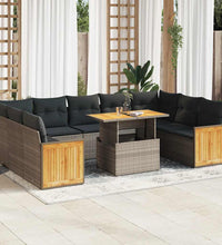 10-tlg. Garten-Sofagarnitur mit Kissen Grau Poly Rattan Akazie