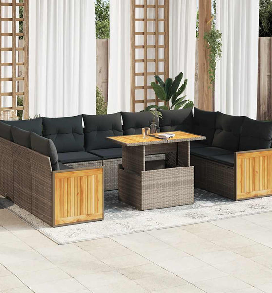 10-tlg. Garten-Sofagarnitur mit Kissen Grau Poly Rattan Akazie