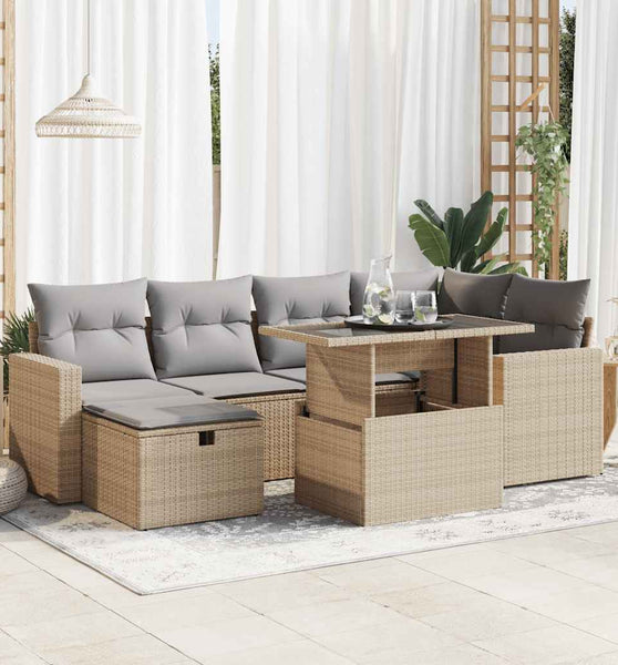 7-tlg. Garten-Sofagarnitur mit Kissen Beige Poly Rattan