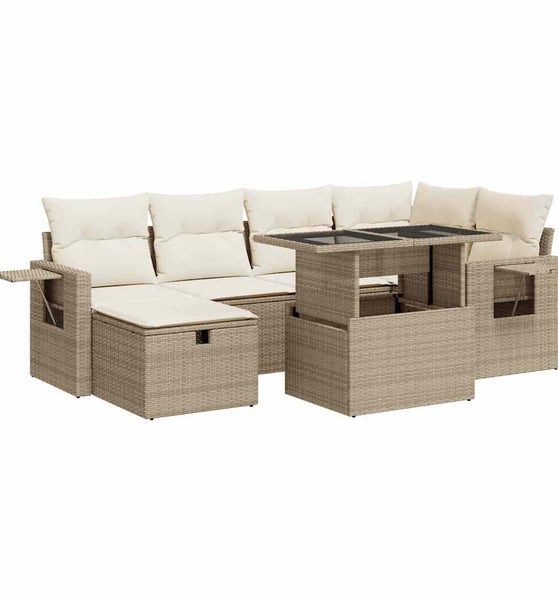 7-tlg. Garten-Sofagarnitur mit Kissen Beige Poly Rattan