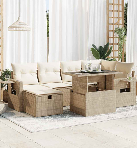 7-tlg. Garten-Sofagarnitur mit Kissen Beige Poly Rattan