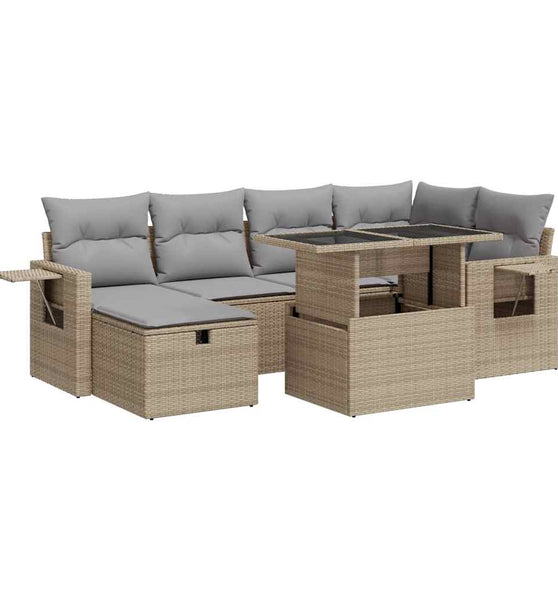 7-tlg. Garten-Sofagarnitur mit Kissen Beige Poly Rattan