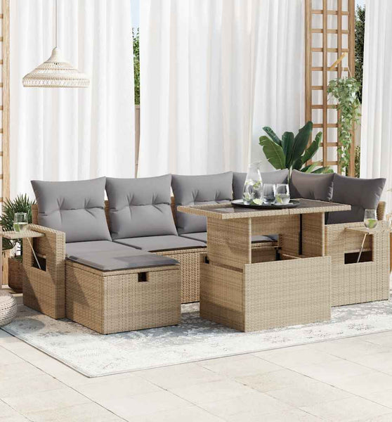 7-tlg. Garten-Sofagarnitur mit Kissen Beige Poly Rattan