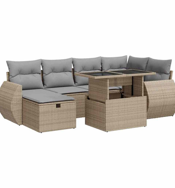 7-tlg. Garten-Sofagarnitur mit Kissen Beige Poly Rattan