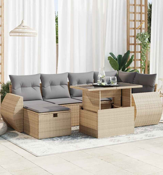 7-tlg. Garten-Sofagarnitur mit Kissen Beige Poly Rattan