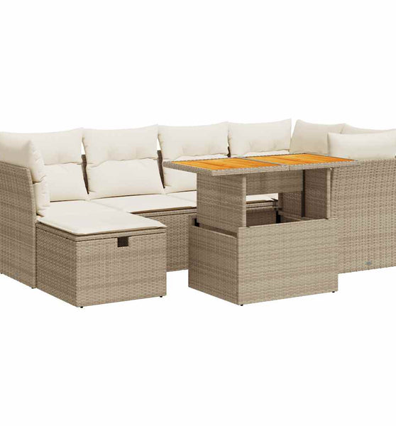7-tlg. Garten-Sofagarnitur mit Kissen Beige Poly Rattan Akazie