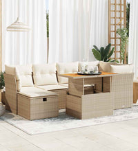 7-tlg. Garten-Sofagarnitur mit Kissen Beige Poly Rattan Akazie