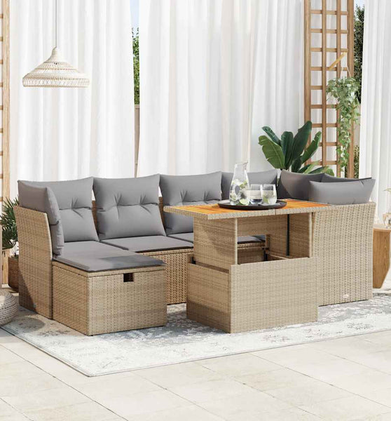 7-tlg. Garten-Sofagarnitur mit Kissen Beige Poly Rattan Akazie