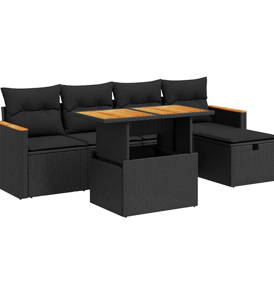 6-tlg. Garten-Sofagarnitur mit Kissen Schwarz Poly Rattan