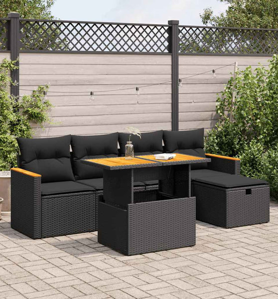 6-tlg. Garten-Sofagarnitur mit Kissen Schwarz Poly Rattan
