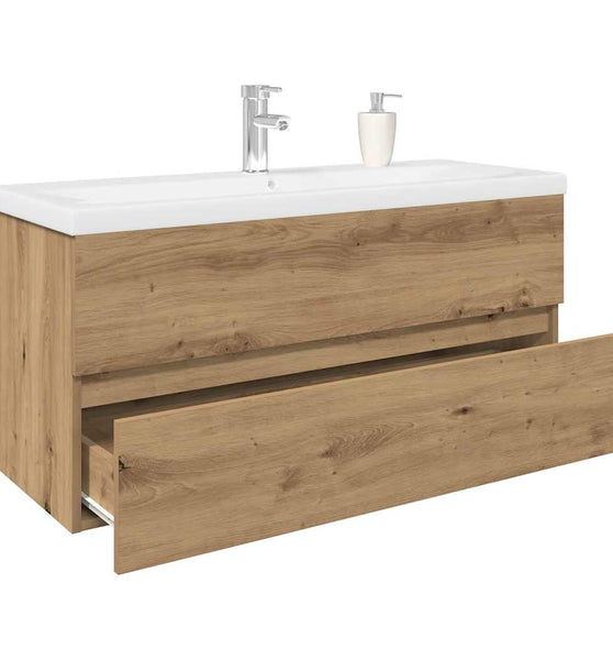 Waschbeckenunterschrank mit Einbaubecken und Wasserhahn