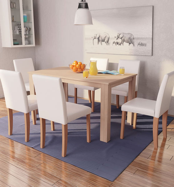 Esszimmertisch und Stühle 7-tlg. Kunstleder Eiche Cremeweiß