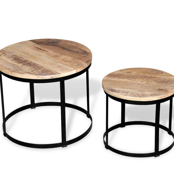 2-tlg. Couchtisch-Set Raues Mangoholz Rund 40cm/50cm