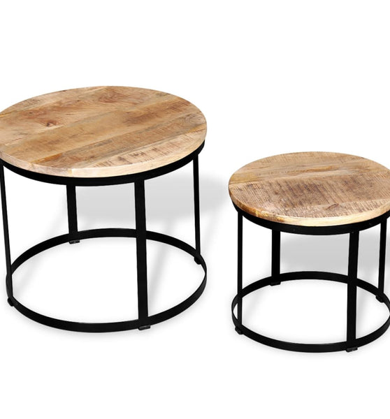 2-tlg. Couchtisch-Set Raues Mangoholz Rund 40cm/50cm