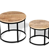 2-tlg. Couchtisch-Set Raues Mangoholz Rund 40cm/50cm