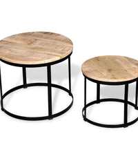 2-tlg. Couchtisch-Set Raues Mangoholz Rund 40cm/50cm
