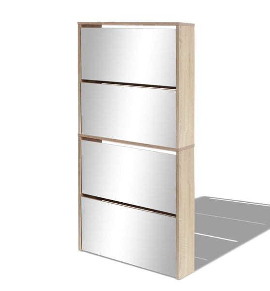 Schuhschrank mit 4 Fächern Spiegel Eiche 63×17×134 cm