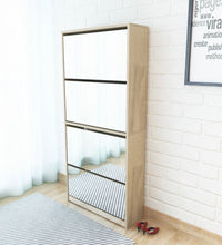 Schuhschrank mit 4 Fächern Spiegel Eiche 63×17×134 cm