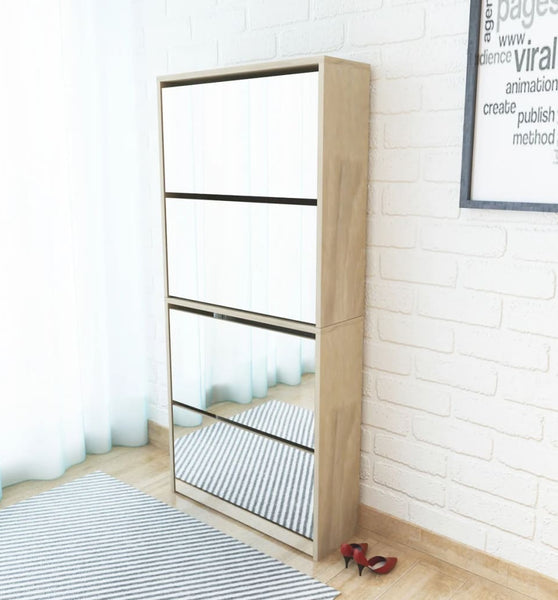 Schuhschrank mit 4 Fächern Spiegel Eiche 63×17×134 cm