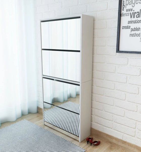 Schuhschrank mit 4 Fächern Spiegel Weiß 63×17×134 cm