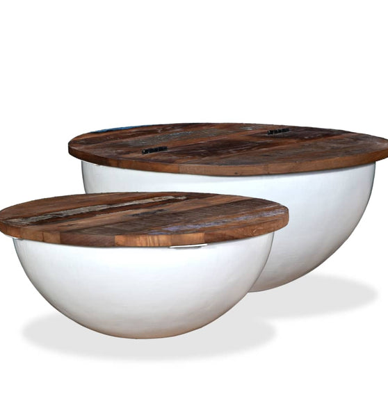 2-tlg. Couchtisch-Set Altholz Massiv Weiß Schalenform