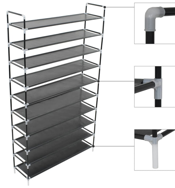 Schuhregal mit 10 Ablagen Metall und Vliesstoff Schwarz
